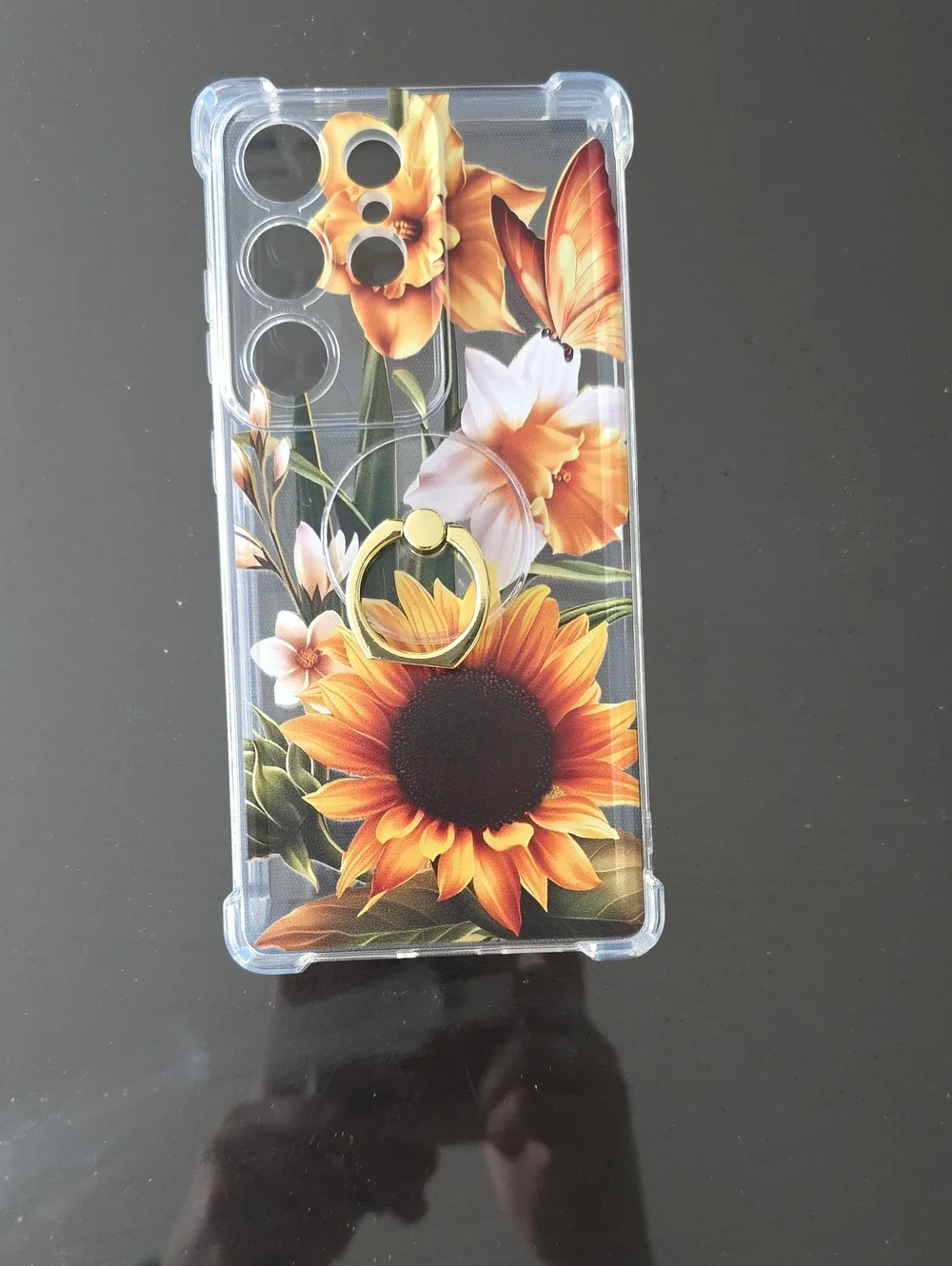 Floral Sunflower Clear Phone Case with Gold Ring - Yellow/Orange